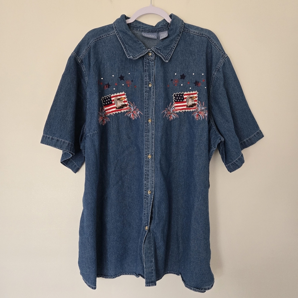 Liz&Me Patriotic Americana Flag Eagle Patch Embroidered Blue Denim Shirt 30W